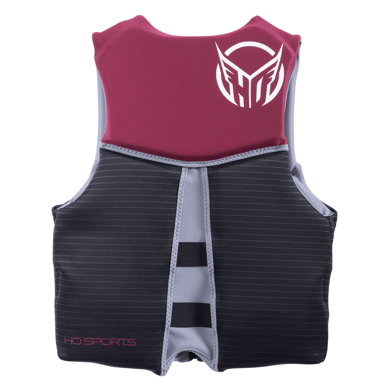 Back view of the Men’s System life vest featuring a burgundy upper panel, black lower section, and white HO Sports logo.