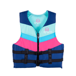 Front view of Womens Infinite life vest with a blue, teal, and pink chevron design, black straps, and a zippered closure.