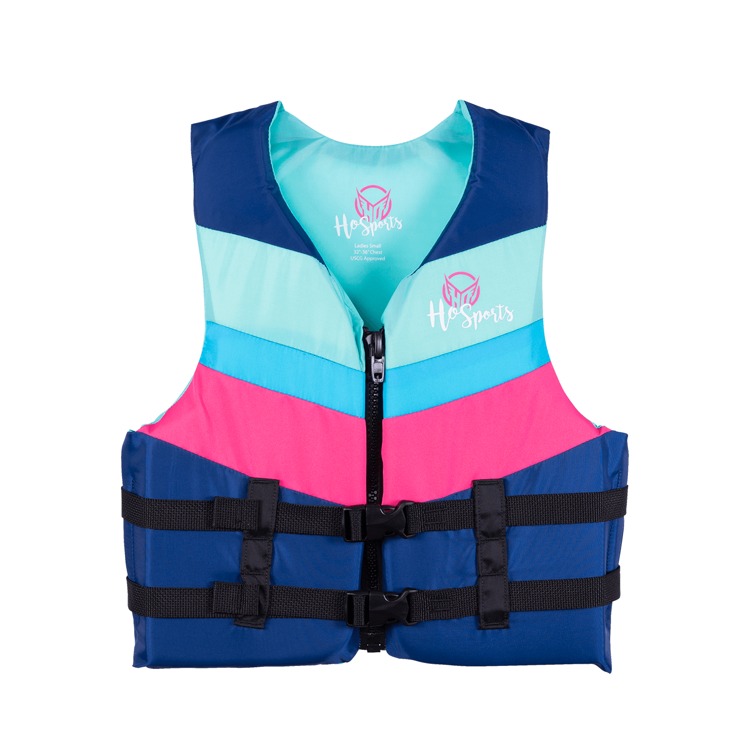 Front view of Womens Infinite life vest with a blue, teal, and pink chevron design, black straps, and a zippered closure.