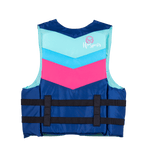 Back view of Womens Infinite life vest with a blue, teal, and pink chevron pattern and a sleek, lightweight design.