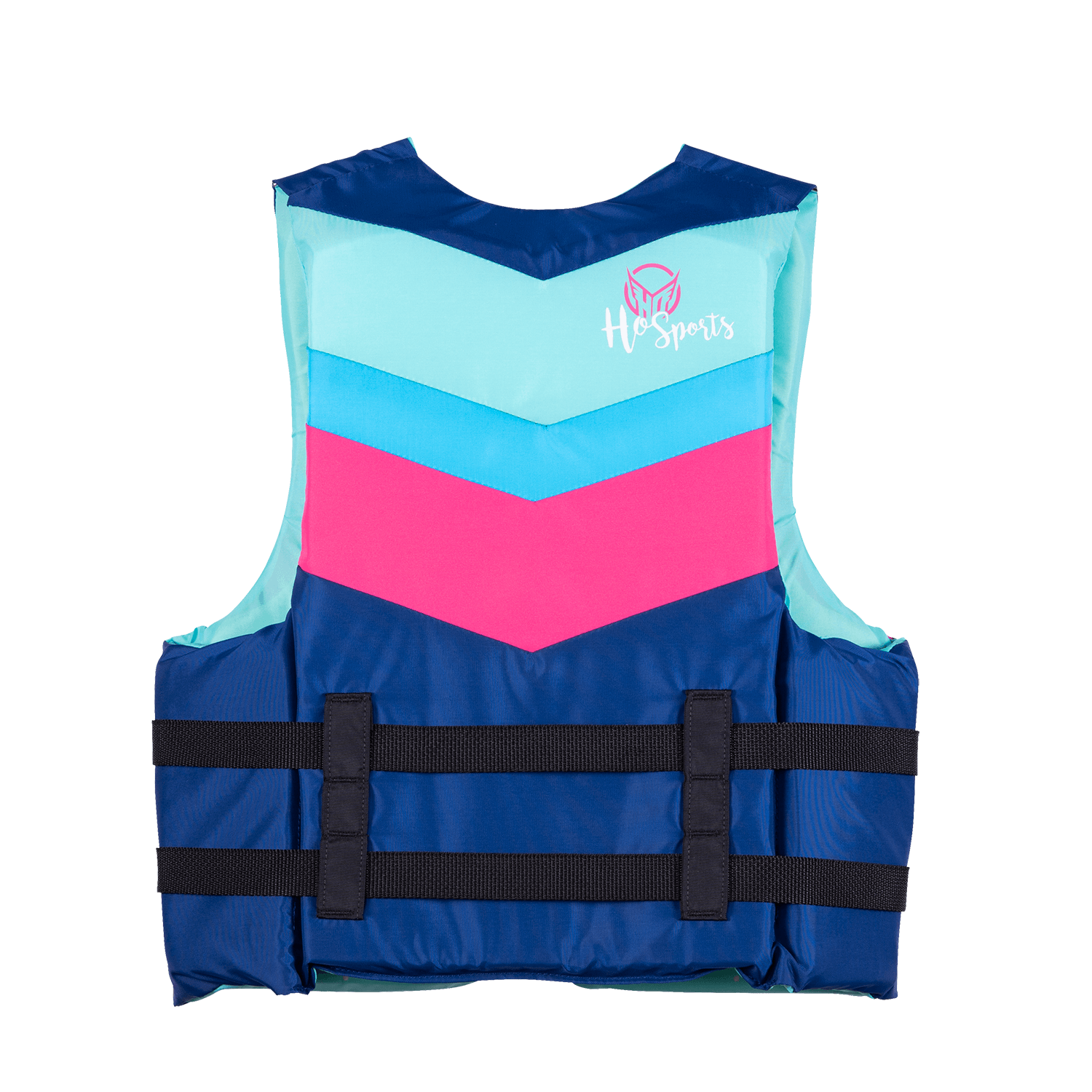 Back view of Womens Infinite life vest with a blue, teal, and pink chevron pattern and a sleek, lightweight design.