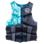 Front view of Womens Mission life vest with black and teal marble pattern, zippered closure, and black straps with buckles.