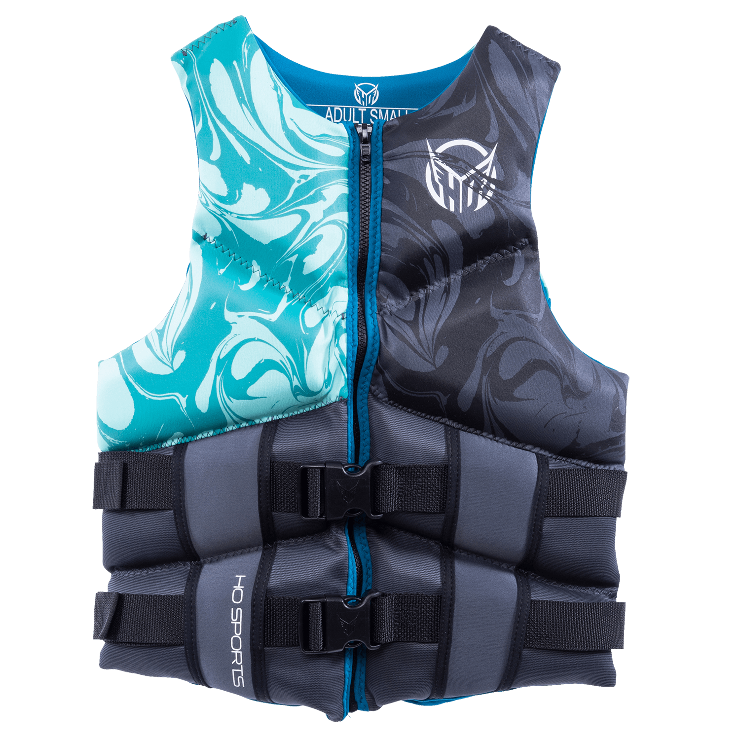 Front view of Womens Mission life vest with black and teal marble pattern, zippered closure, and black straps with buckles.