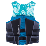 Back view of Womens Mission life vest with a teal marble pattern, black panels, and padded side sections for comfort.