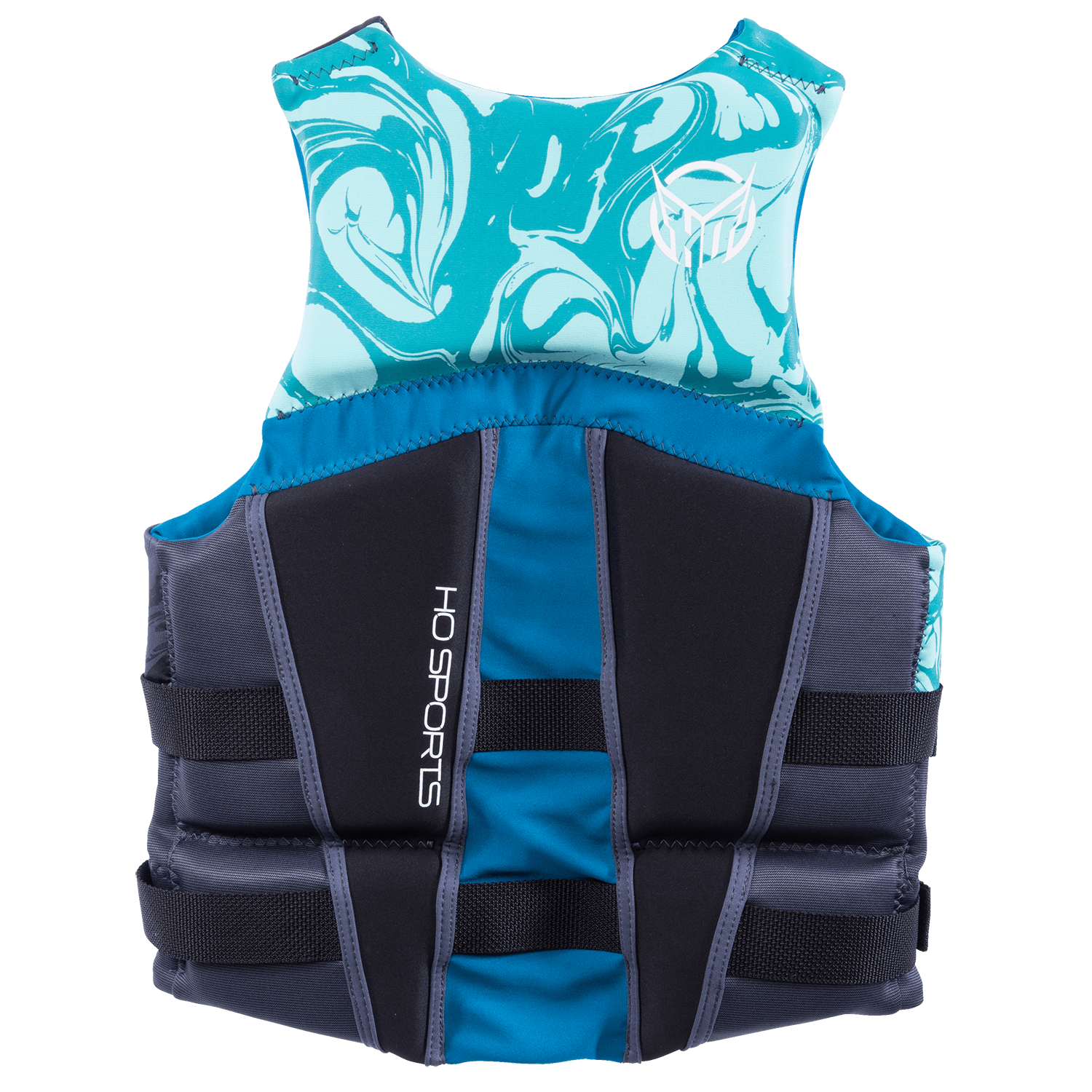 Back view of Womens Mission life vest with a teal marble pattern, black panels, and padded side sections for comfort.