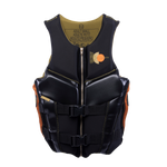 Front view of Womens Phoenix vest in black with metallic paneling, zippered closure, black straps, and orange side accents.