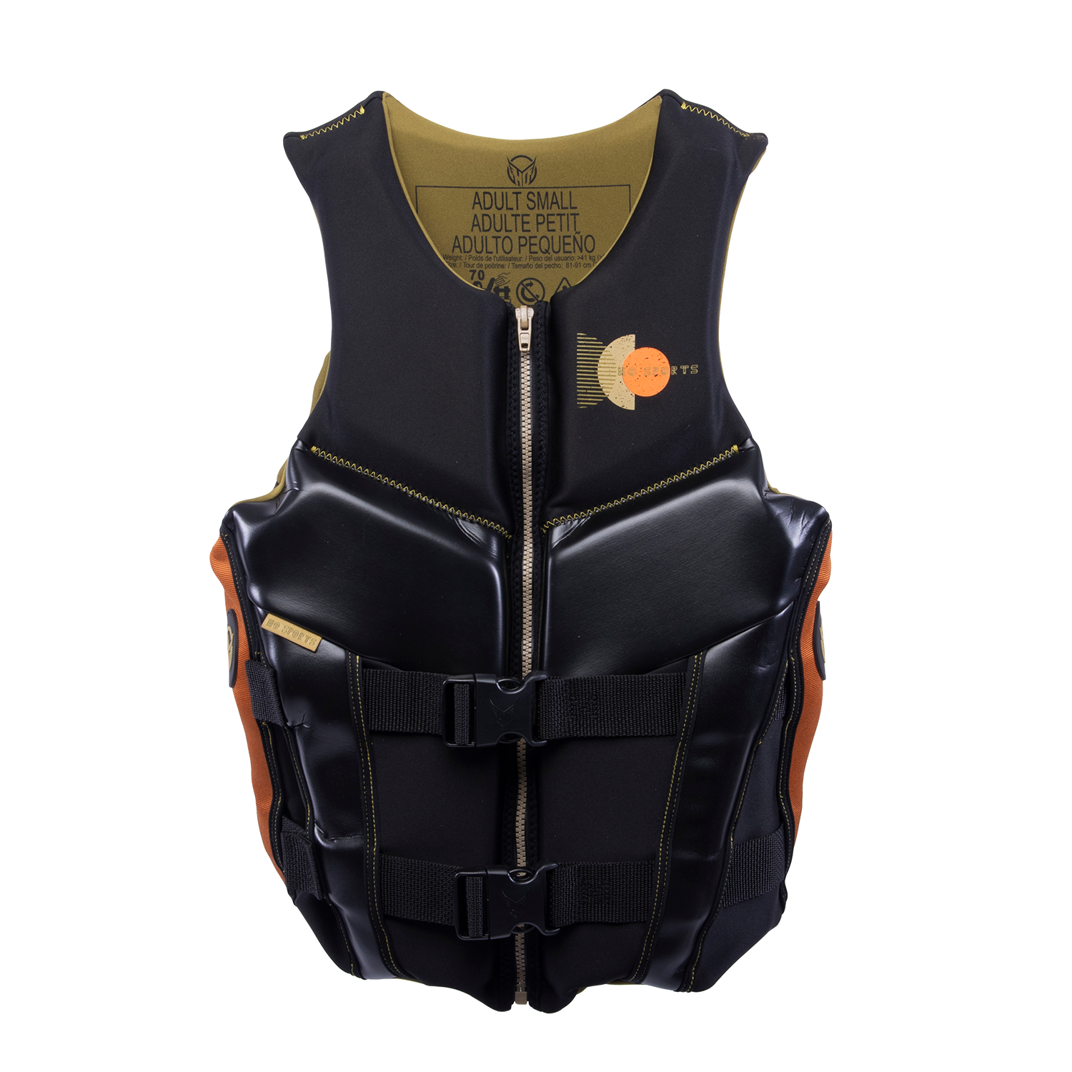 Front view of Womens Phoenix vest in black with metallic paneling, zippered closure, black straps, and orange side accents.