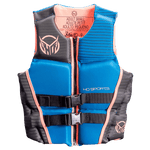 Front view of Womens System life vest in blue with black and coral accents, a zippered closure, and dual black straps.