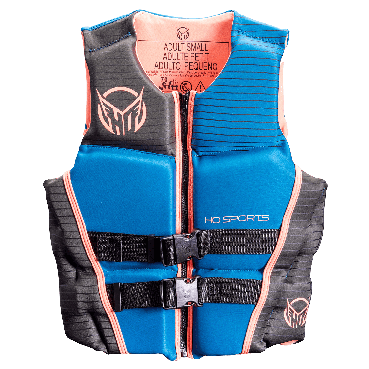 Front view of Womens System life vest in blue with black and coral accents, a zippered closure, and dual black straps.