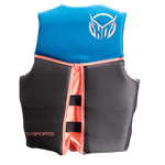 Back view of Womens System life vest in blue and black with coral trim and a bold HO Sports logo.