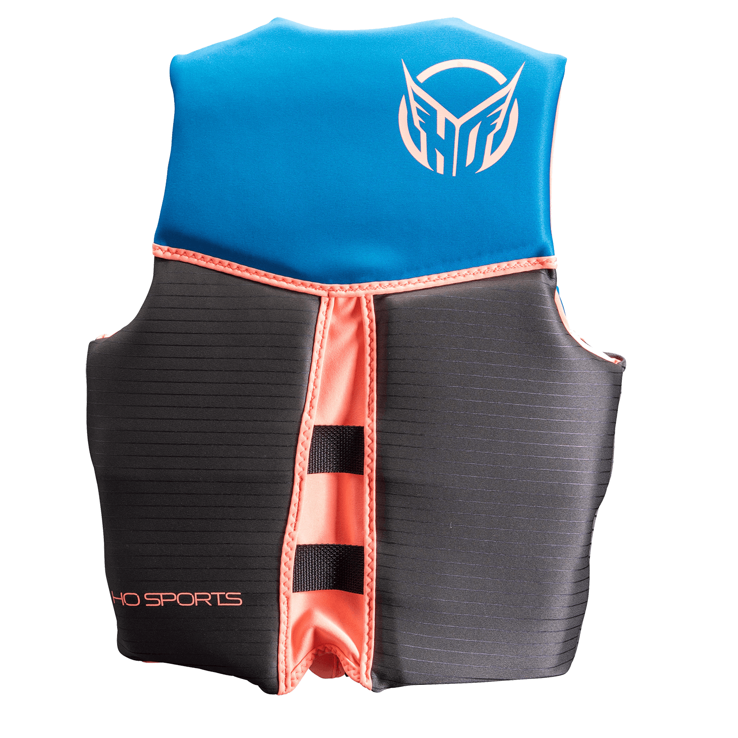 Back view of Womens System life vest in blue and black with coral trim and a bold HO Sports logo.