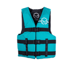 Front view of Womens Universal life vest in teal with black straps, a zippered closure, and three adjustable buckles.