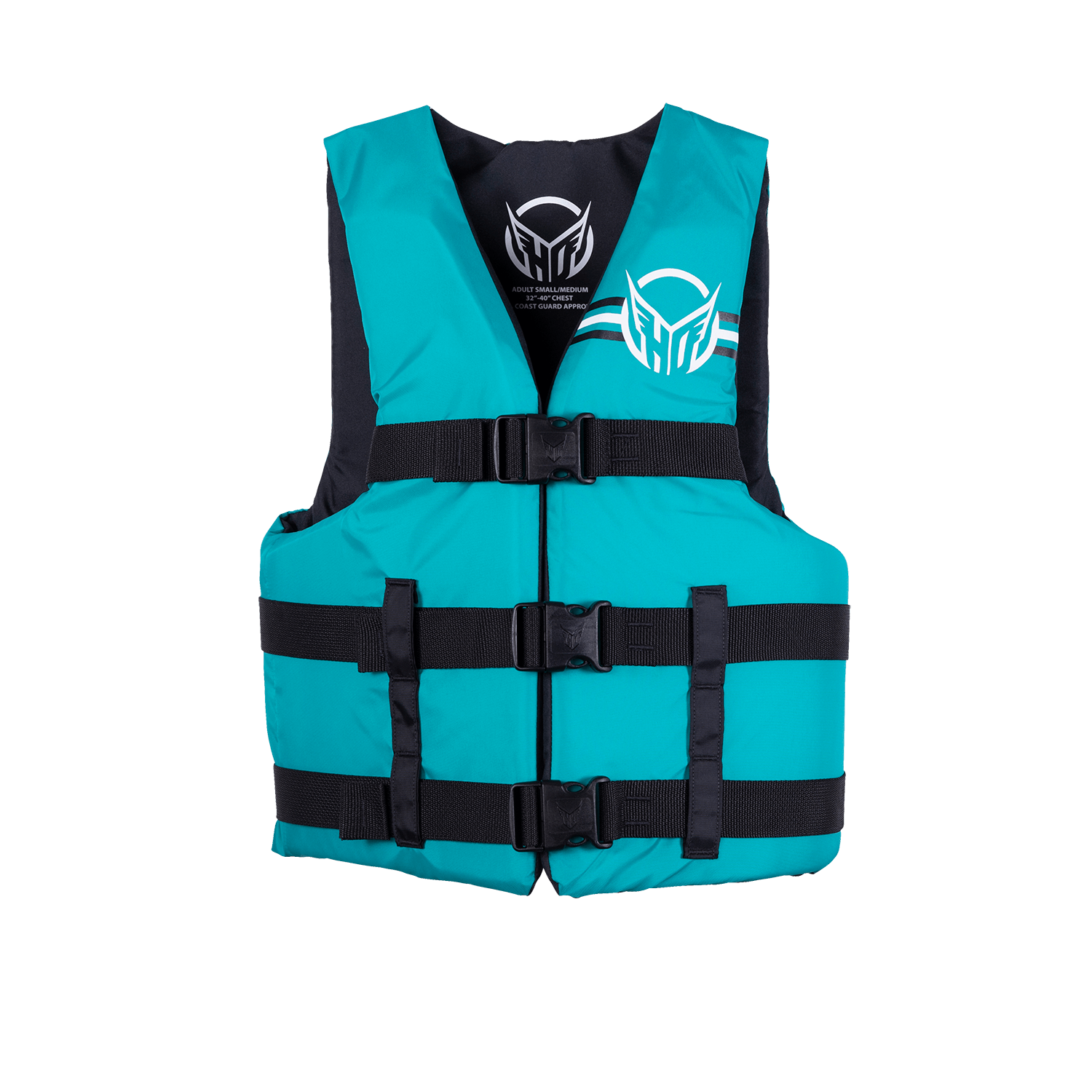 Front view of Womens Universal life vest in teal with black straps, a zippered closure, and three adjustable buckles.