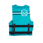 Back view of Womens Universal life vest in teal with white and black stripe accents and a large HO Sports logo.