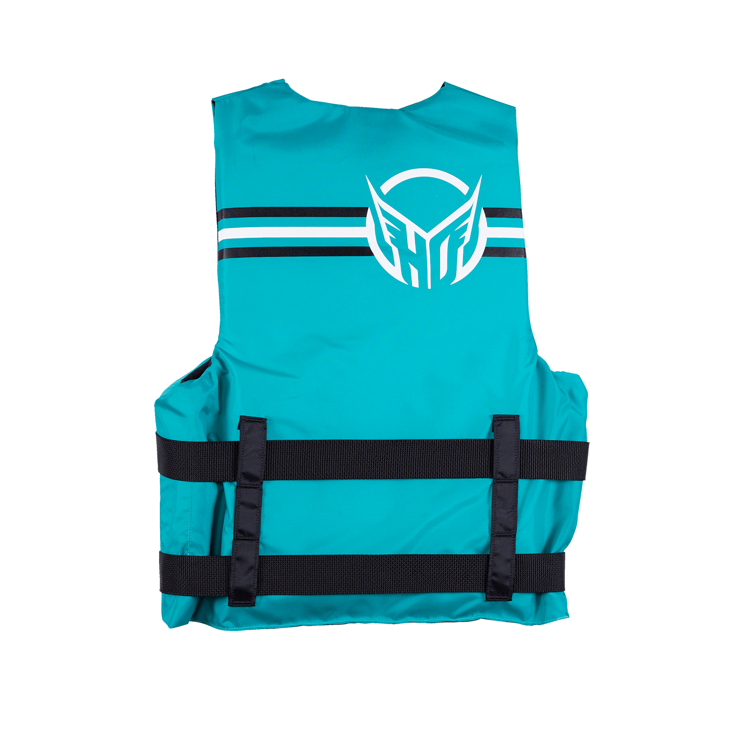 Back view of Womens Universal life vest in teal with white and black stripe accents and a large HO Sports logo.