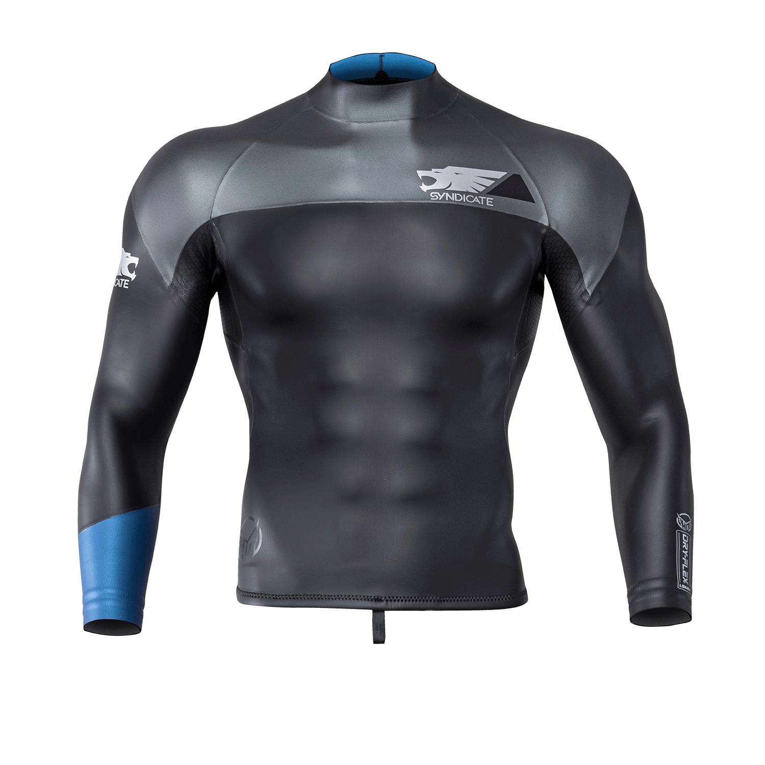 Front view of the Syndicate Dry-Flex Wetsuit Top, featuring a black and gray design with blue sleeve accents.