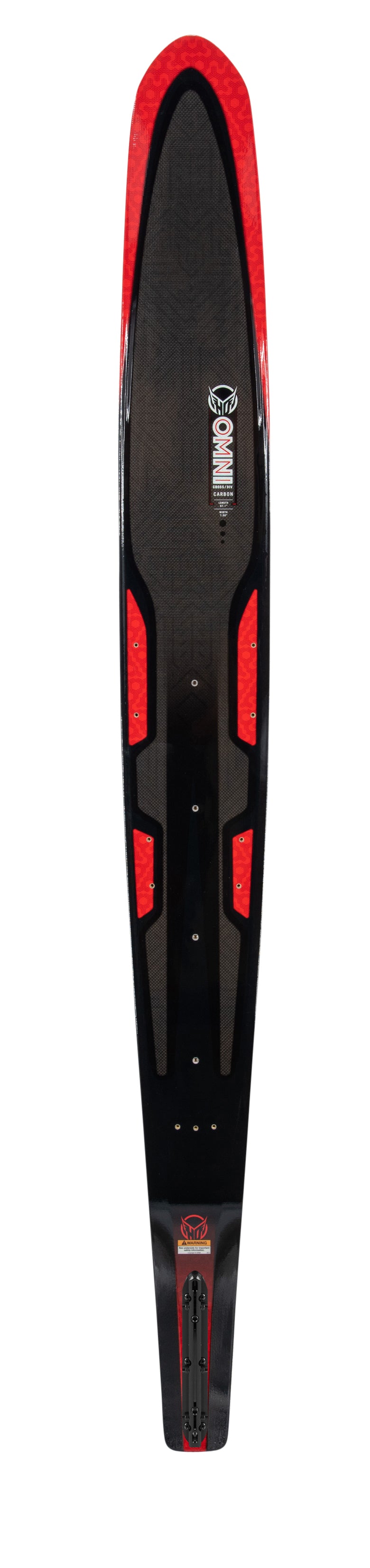 Top view of the Carbon Omni 2022 waterski, featuring a black and red design, textured surface, and mounting points.