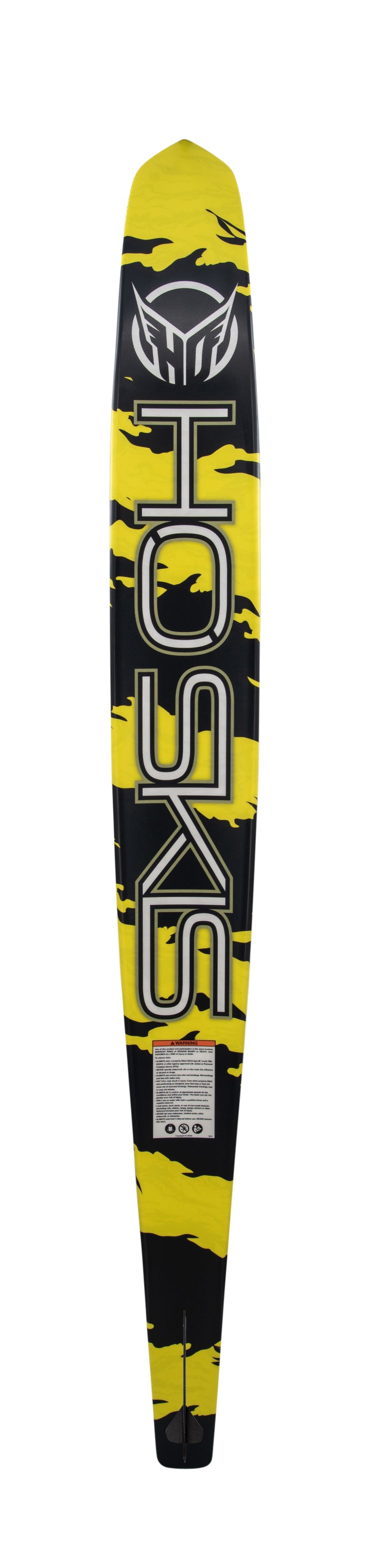 Base view of the Future Omni Army Green 2022 waterski featuring a yellow and black camo design with "HO SKIS" branding.