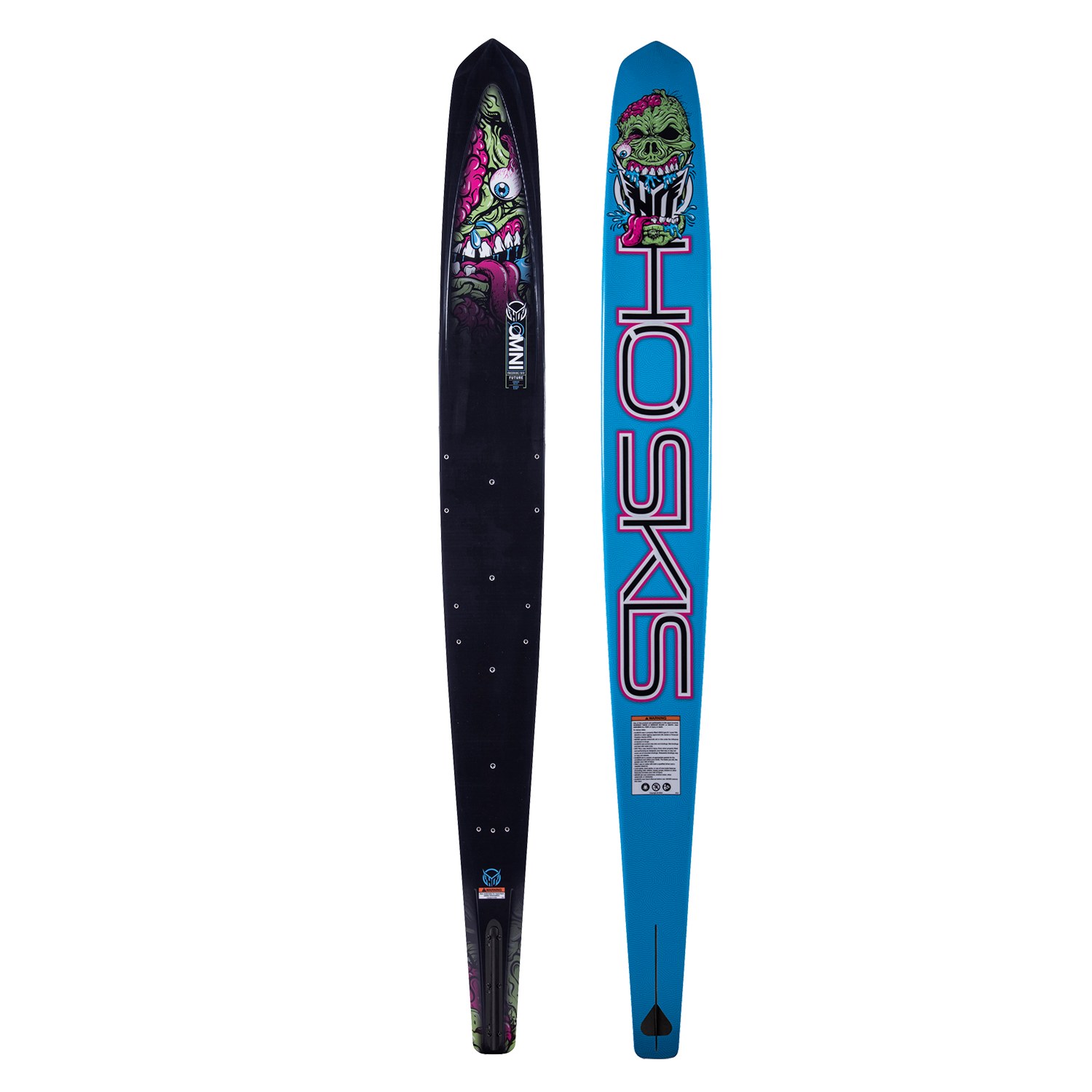 Top-down view of the Future Omni Monster 2023 water ski displaying the black deck and bold monster illustration.