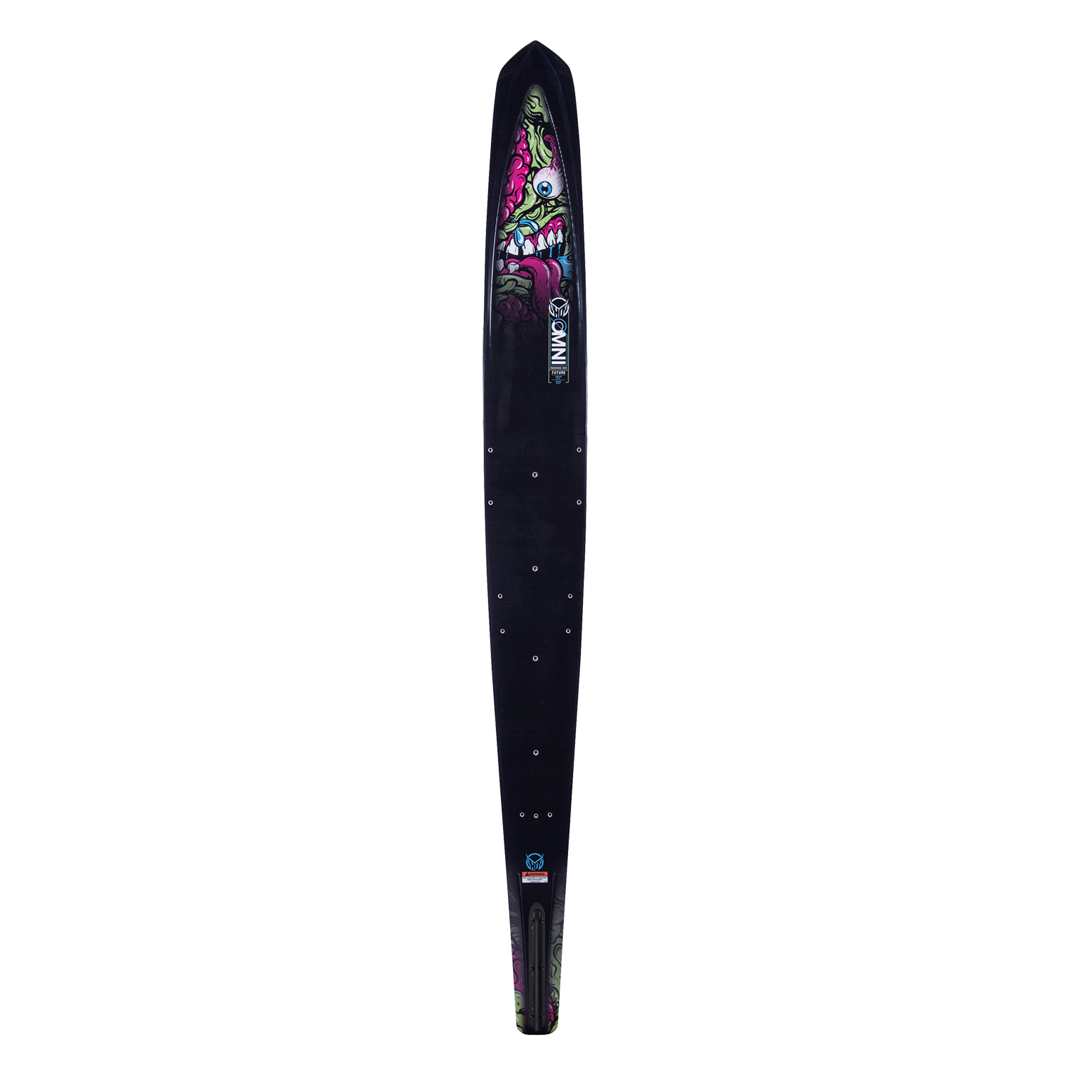 Top view of the Future Omni Monster 2023 water ski with a black surface and a vibrant monster graphic near the tip.