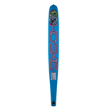 Base view of the Future Omni Monster 2023 water ski, featuring a blue background, "HO Skis" branding and a monster graphic.