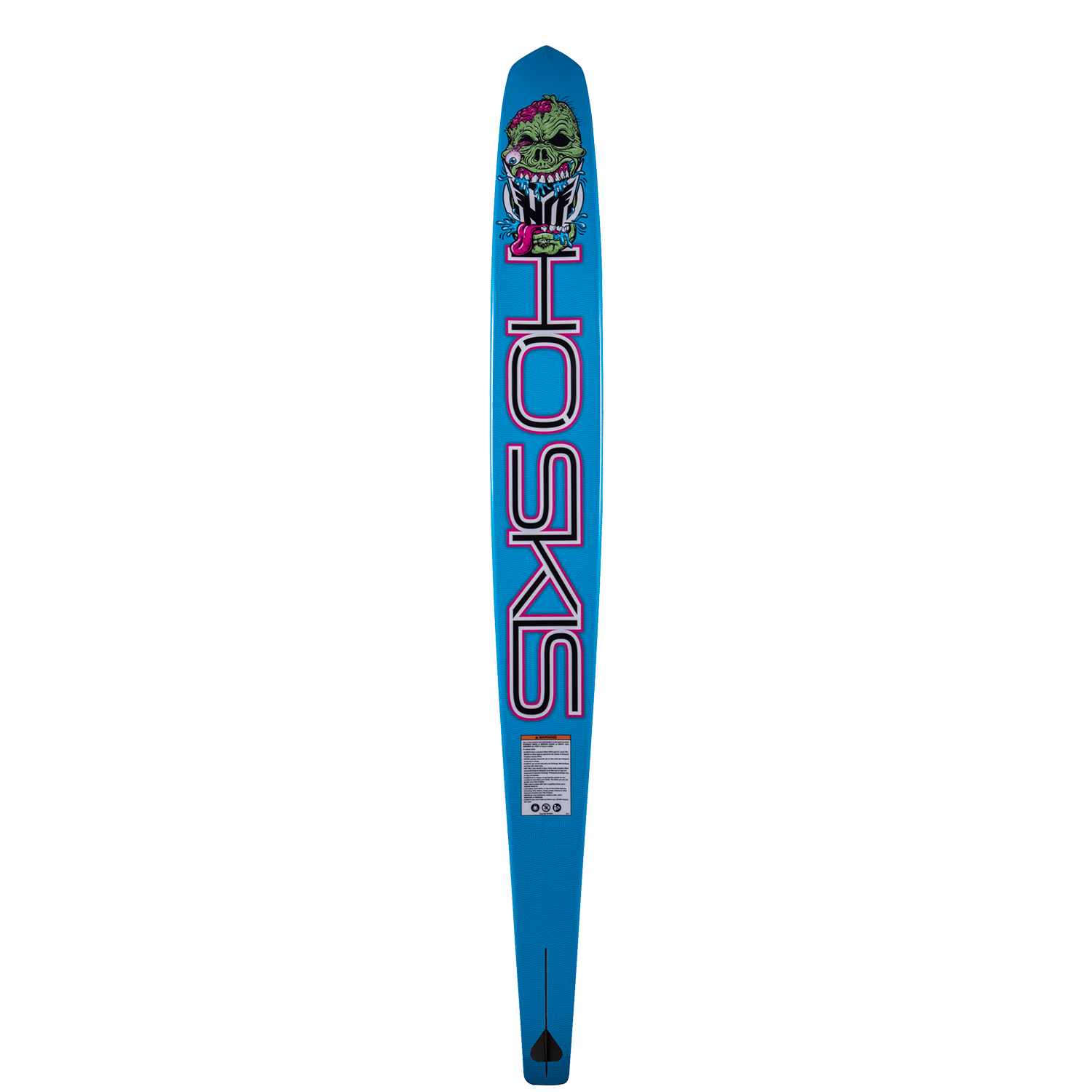 Base view of the Future Omni Monster 2023 water ski, featuring a blue background, "HO Skis" branding and a monster graphic.