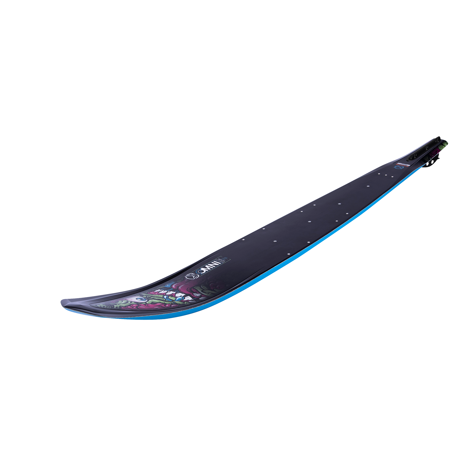 Side angle of the Future Omni Monster 2023 water ski showcasing its rocker profile and black top surface.