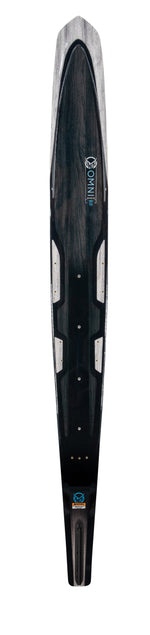 Top view of Omni 2022 waterski in black with a woodgrain pattern, mounting inserts, and a logo near the tip.