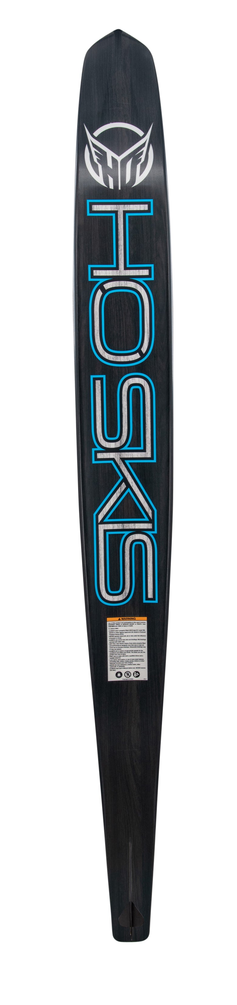 Base view of Omni 2022 waterski in black with bold "HO SKIS" text in blue and white, a logo near the tip, and a warning label.