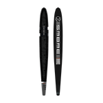 Side-by-side top and base views of the black Sabre 2024 ski, highlighting its textured surface and bold branding.