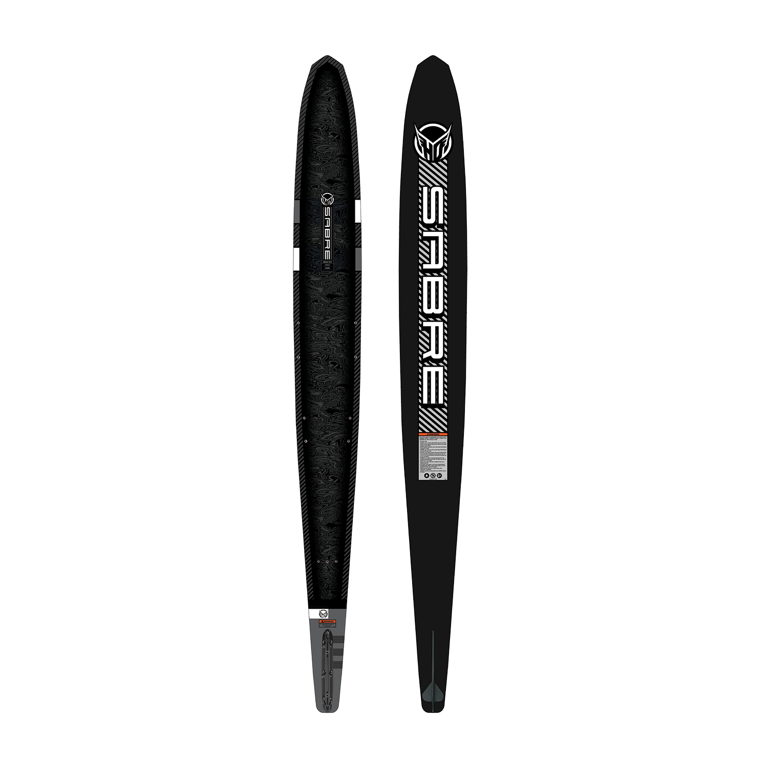 Side-by-side top and base views of the black Sabre 2024 ski, highlighting its textured surface and bold branding.