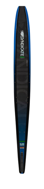 Top view of Syndicate Omega 2022, black ski with blue border, featuring "Syndicate Omega" branding and binding insert holes.