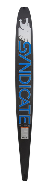 Base view of Syndicate Omega 2022. A black carbon-fiber ski with blue "Syndicate" lettering and a silver logo.