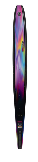 Top view of the Womens Carbon Omega Max 2023 ski with a gradient of purple, blue, and pink and black edges.