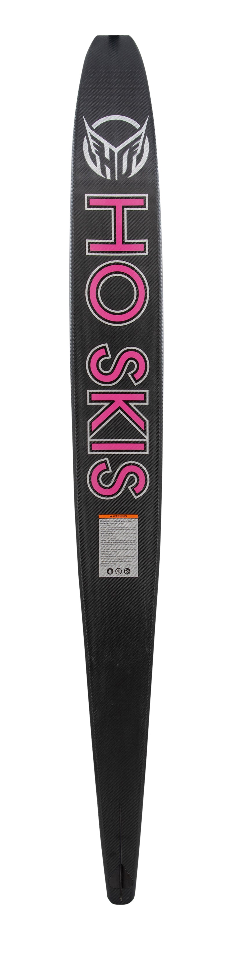 Base view of the Womens Carbon Omega Max 2023 ski with a black carbon fiber finish and bold pink "HO Skis" branding.