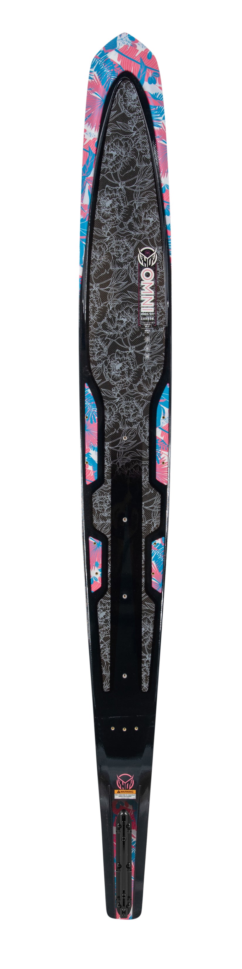 Top view of Womens Carbon Omni 2022, a black ski with floral patterns and pink and blue accents along the edges.