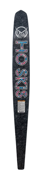 Base view of Womens Carbon Omni 2022, a black ski with "HO SKIS" text in pink and blue and subtle floral detailing.