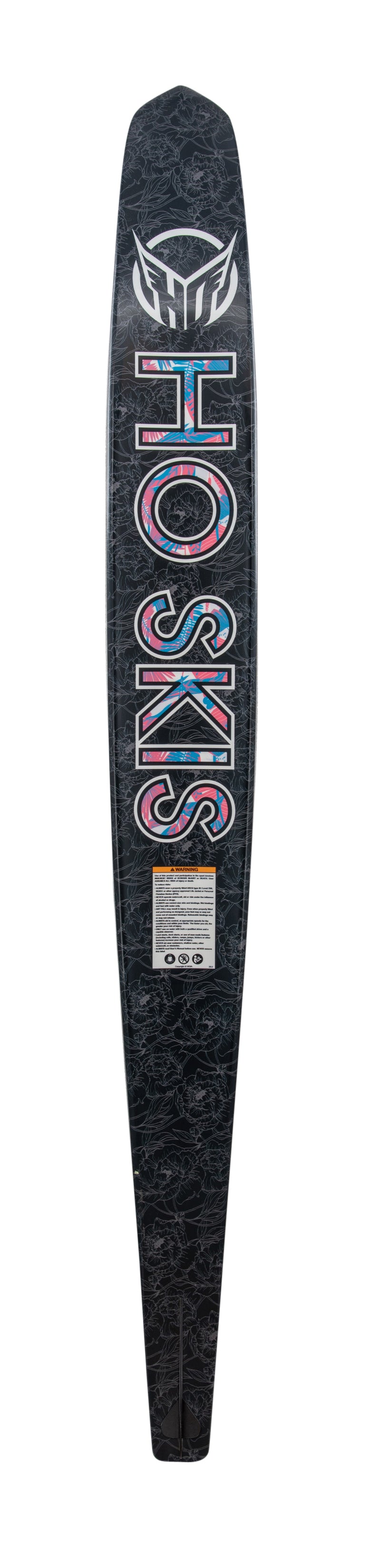 Base view of Womens Carbon Omni 2022, a black ski with "HO SKIS" text in pink and blue and subtle floral detailing.