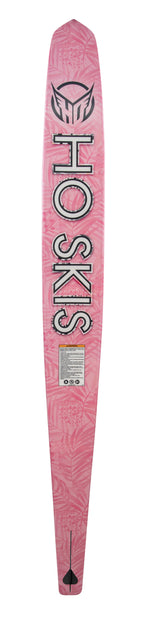 Base view of Womens Omni 2022 ski in pink with bold "HO SKIS" text, a floral pattern, and a sleek tapered design.